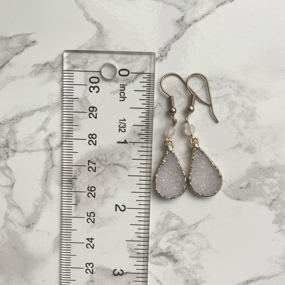 White Crystal Druzy Gemstone Teardrop Gold Dangly Earrings - Picture 5 of 5